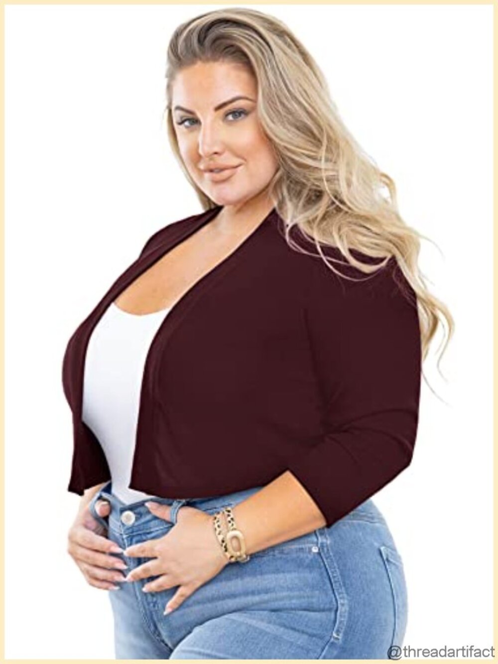 Plus Size Shrug 3/4 Sleeve Open Front Knit Cropped Bolero Cardigan Sweater